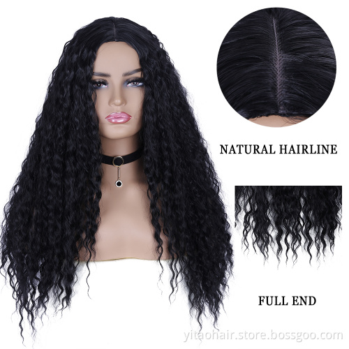 FZY Wholesale Price Good Omens Cosplay natural black middle part long water wave curly  Synthetic hair Wigs Vendor
